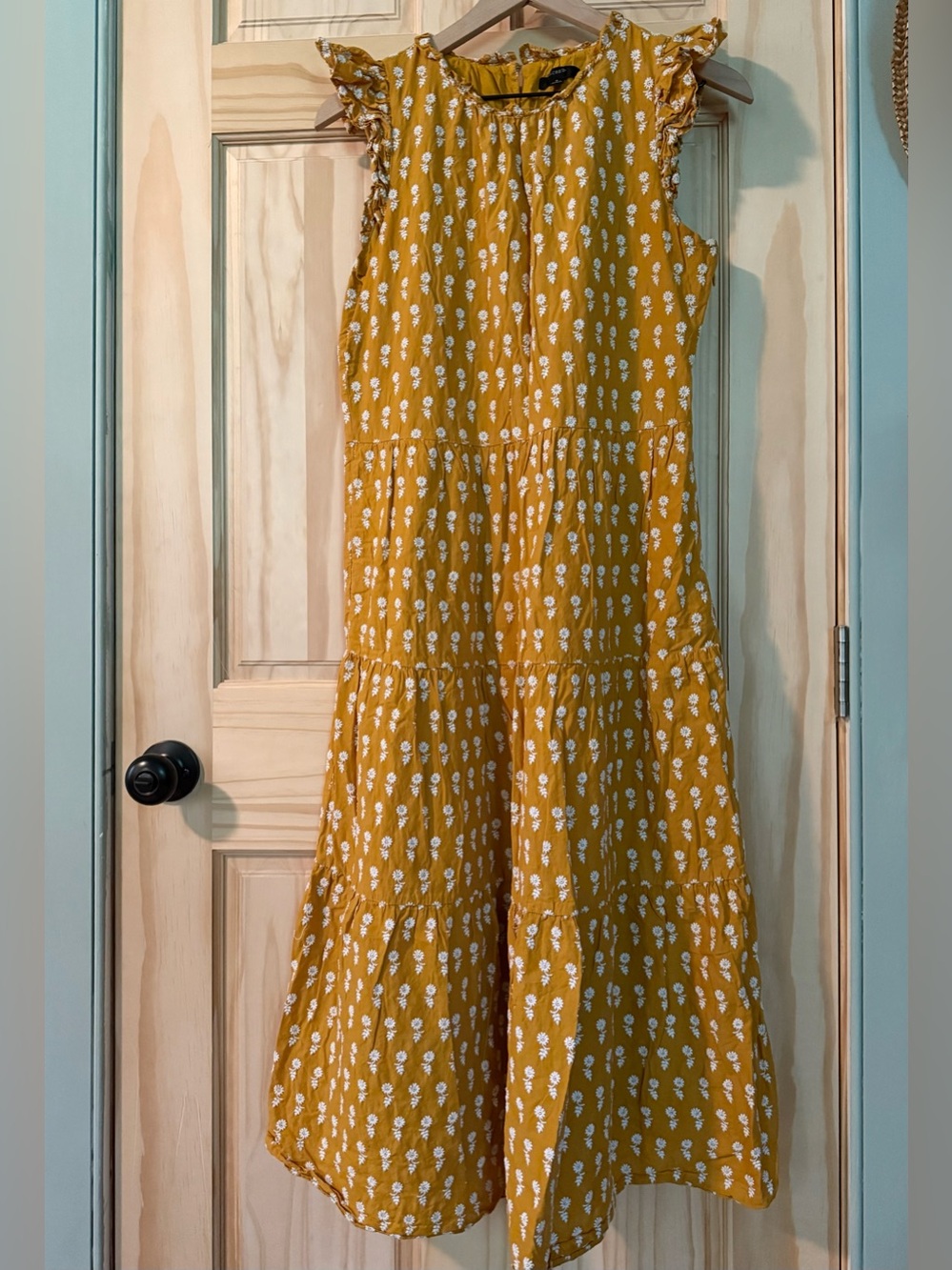 J Crew Saffron Yellow Floral Embroidered Tiered Cotton Midi Dress